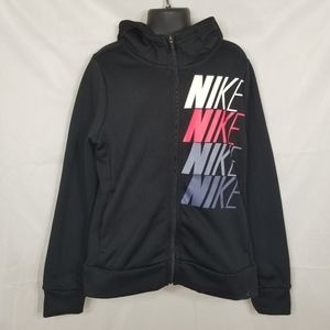 Girls Nike Therma Dri Fit Black Multi Spellout Graphic Full Zip Hoodie Pockets S